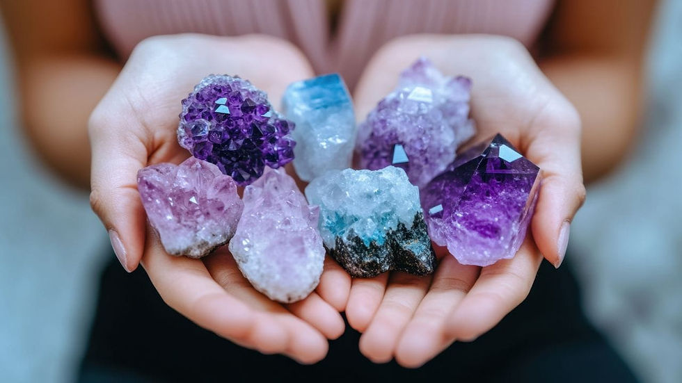 A close-up photo of a practitioner's hands holding a collection of natural raw and polished healing crystals during an intuitive selection process.