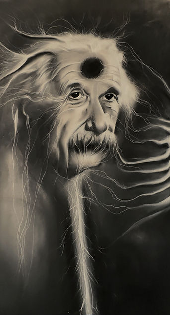 Einstein im Fluss der Gedanken surreale Darstellung mit Kohle und Pastell