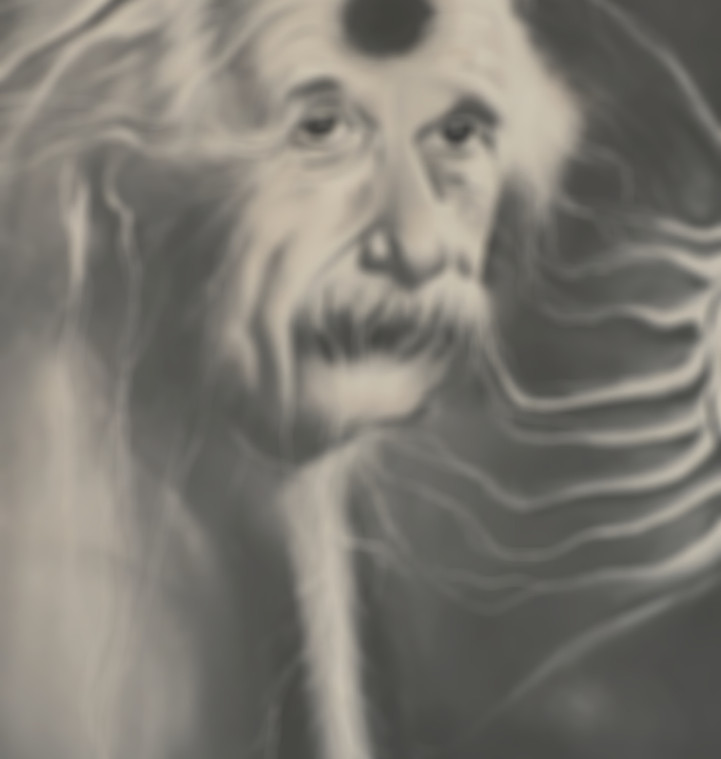 Einstein im Fluss der Gedanken surreale Darstellung mit Kohle und Pastell