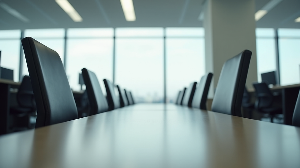 Eye-level view of a clean and organized office space with empty desks