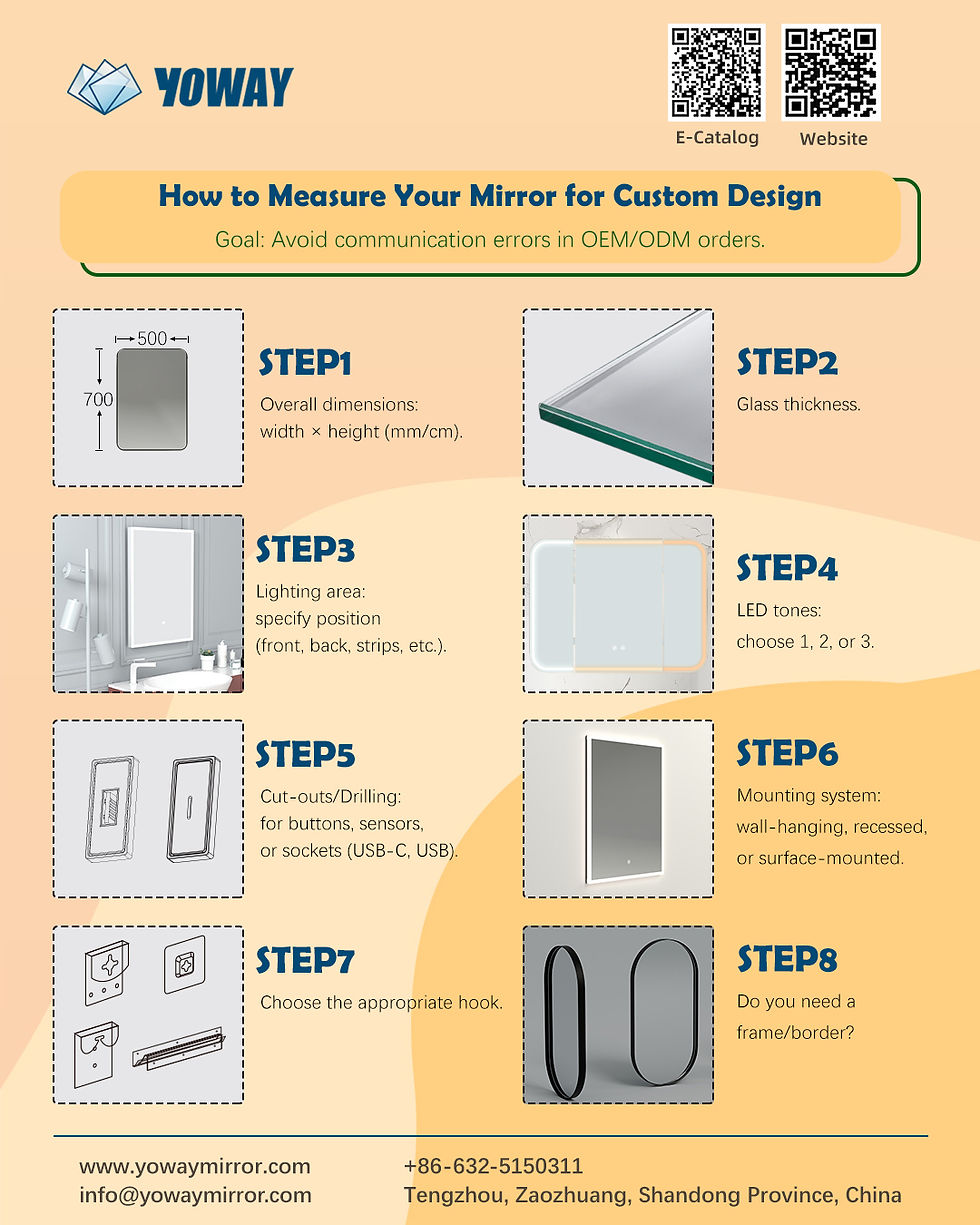Visual Aid To ensure there is no misunderstanding, we recommend providing a simple sketch or diagram with arrows indicating each measurement — overall dimensions, thickness, lighting position, and cut-out points. This helps our engineers confirm your requirements quickly and accurately. Ready to design your custom mirror? 👉 Send us your measurement sheet today, and our engineering team will translate it into precise CAD drawings for your approval before production begins.