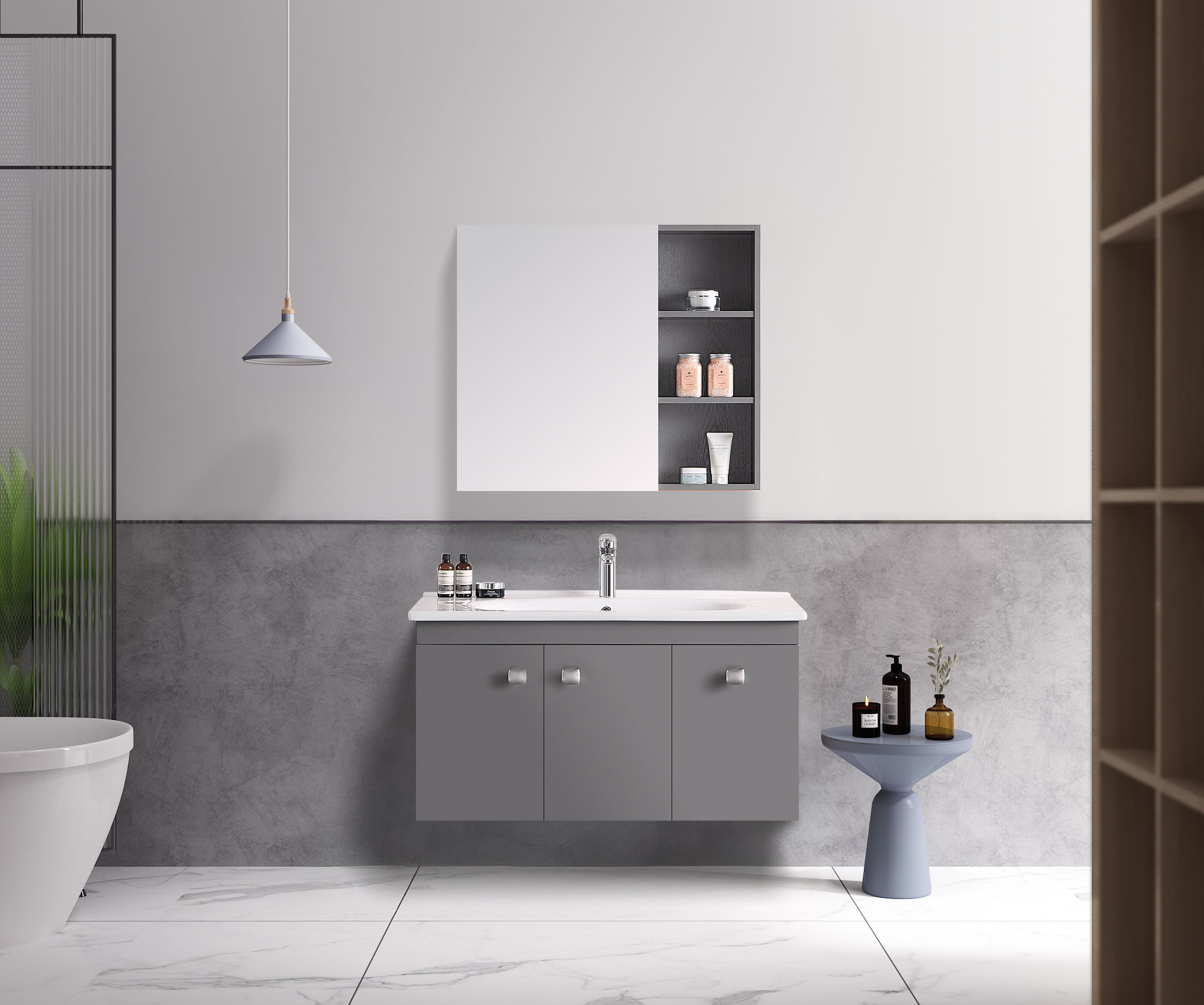 Wall-Hung Bathroom Vanity - 3 Doors, Silver