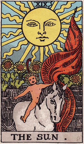 The Sun tarot card from the Major Arcana, showing a radiant sun above a child riding a horse.