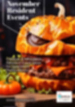 A festive fall-themed image featuring a carved pumpkin made to look like a hamburger, complete with layers of lettuce, cheese, and a beef patty inside the pumpkin “bun.” The text reads “November Resident Events – Creative & Affordable Resident Event Ideas for Apartment Professionals.” A small pumpkin and lettuce garnish sit nearby, with the DOMUS Marketing logo and website at the bottom.