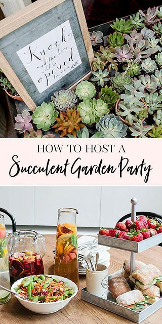 Flat lay of assorted succulents above a table set with drinks and fruit. Text reads “How to Host a Succulent Garden Party”—a stylish setup idea for a fun, interactive resident event.