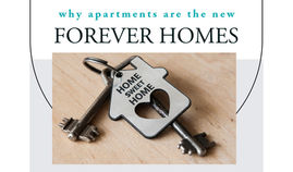 Keys with a house-shaped tag reading "Home Sweet Home" on wood. Text above: "Why apartments are the new Forever Homes."