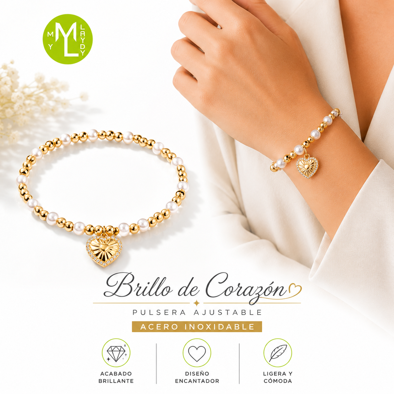 Pulsera Ajustable Brillo de Corazón Acero Inoxidable