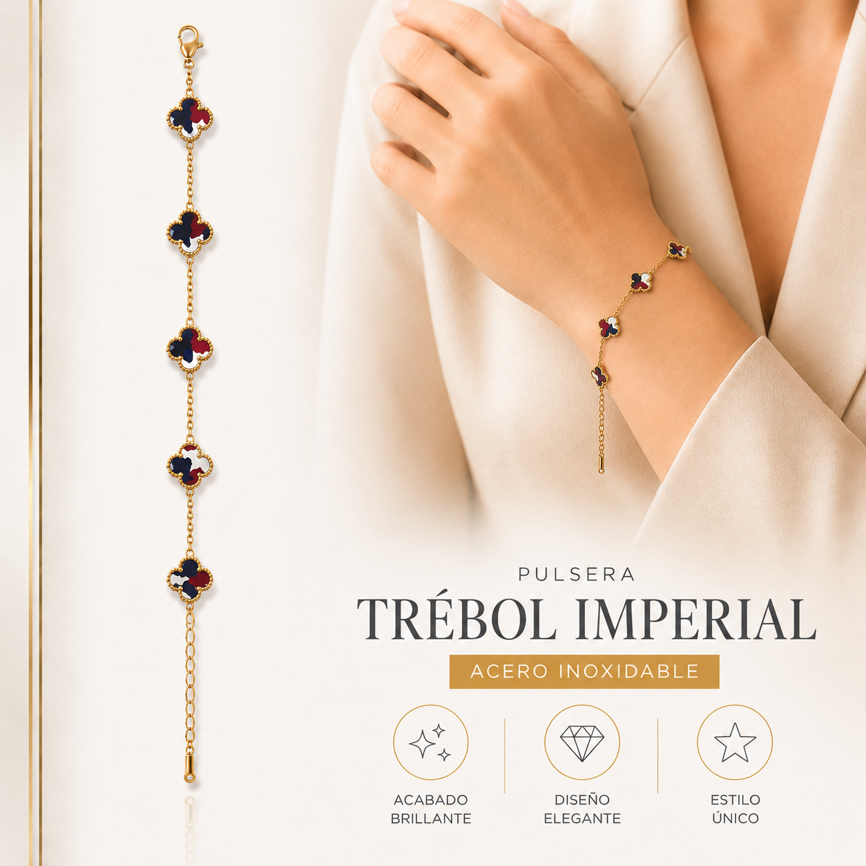 Pulsera Trébol Multicolor  Acero Inoxidable ML Joyería