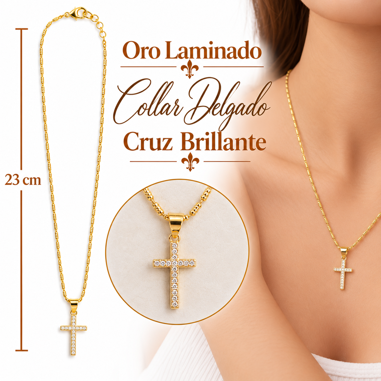 Collar Delgado Cruz Brillante Oro Laminado