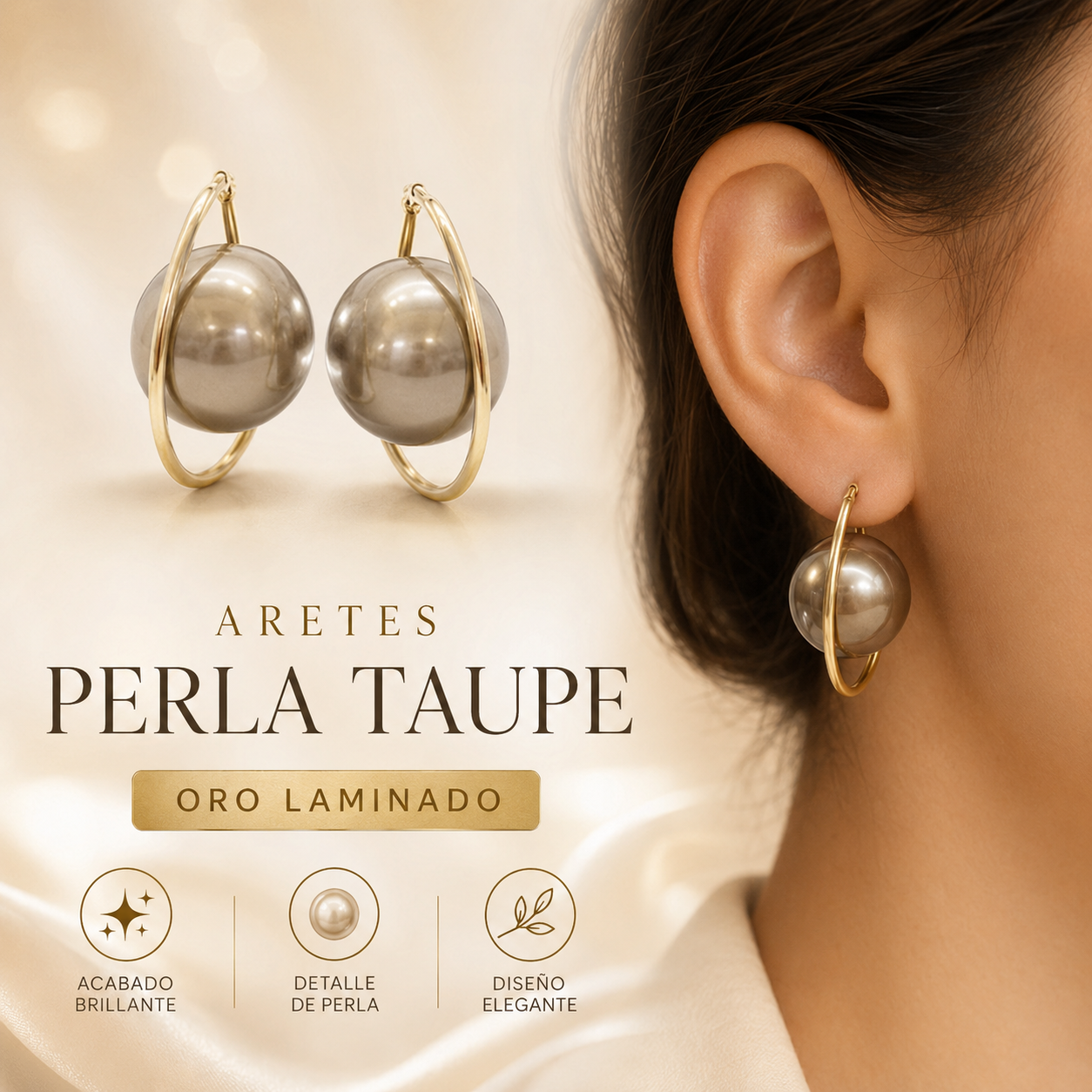 Arete Perla Taupé Oro Laminado ML Joyería