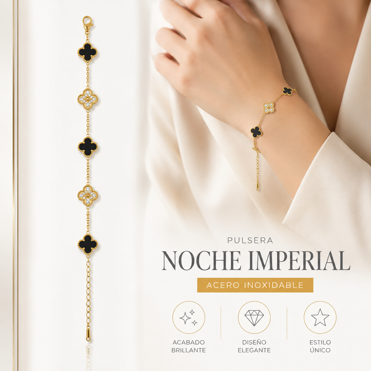 Pulsera Trébol Noche Imperial Acero Inoxidable ML Joyería