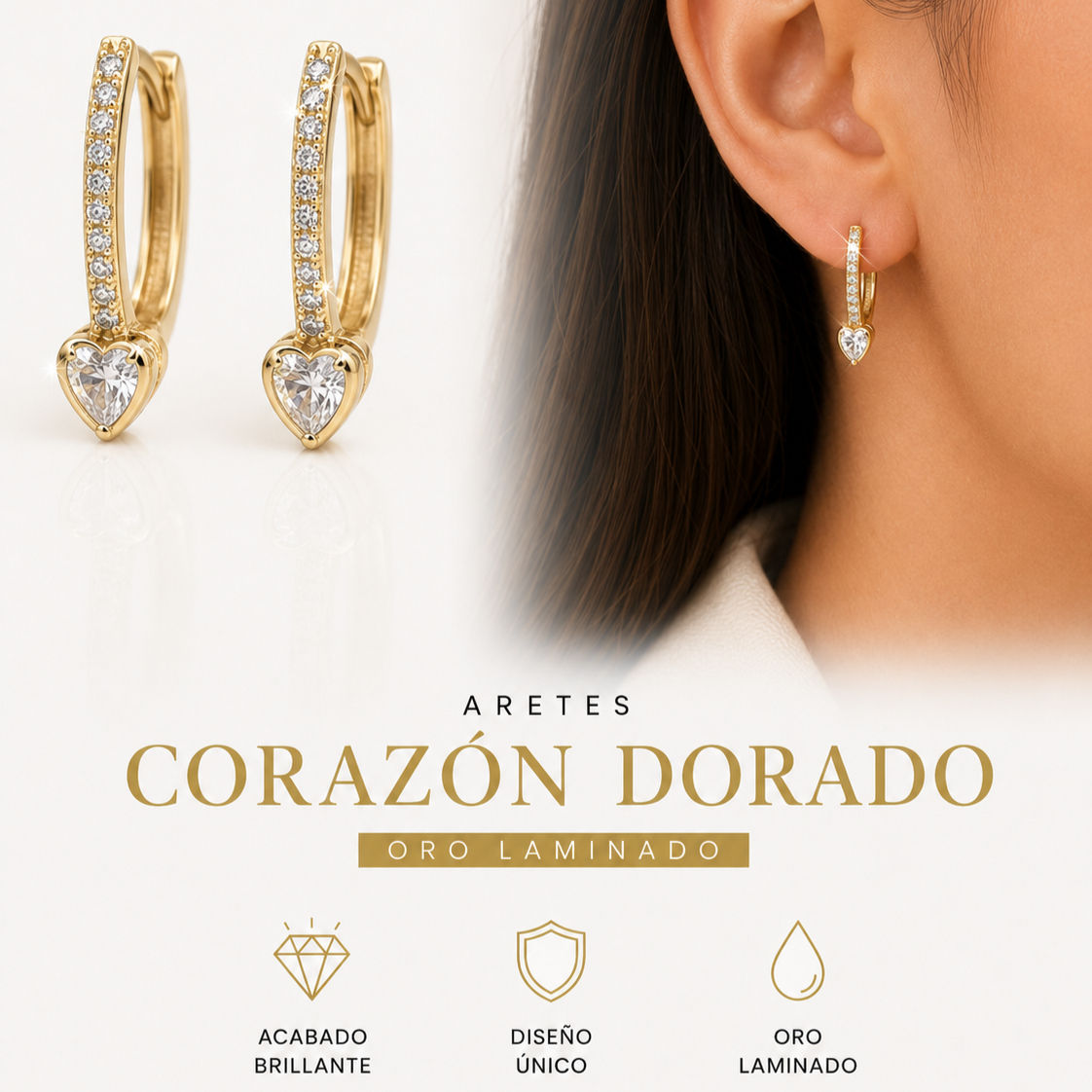 Arete Corazon Dorado Oro Laminado ML Joyería