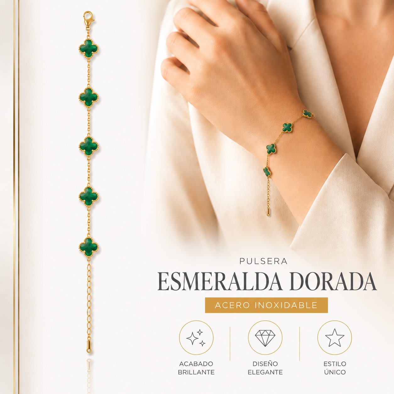 Pulsera Esmeralda Dorada Acero Inoxidable ML Joyería