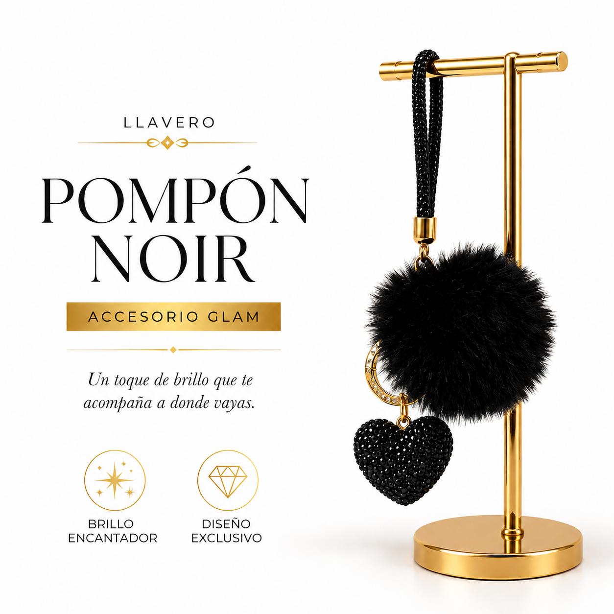 Llavero Pompon Negro  ML Joyería