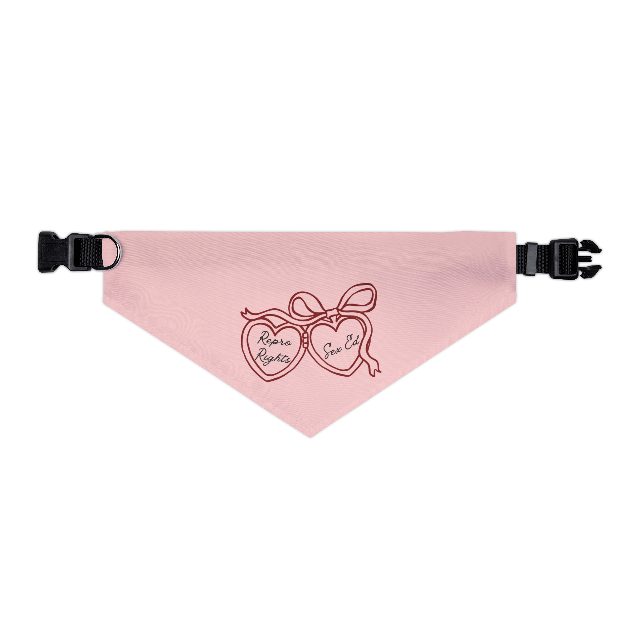 A light pink pet bandana with a collar closure, featuring a printed locket design.