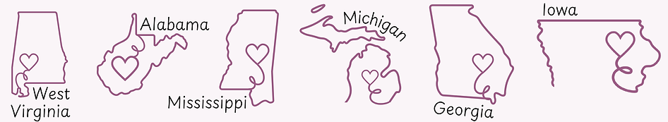 Outlines of six states: West Virginia, Alabama, Mississippi, Michigan, Georgia, and Iowa