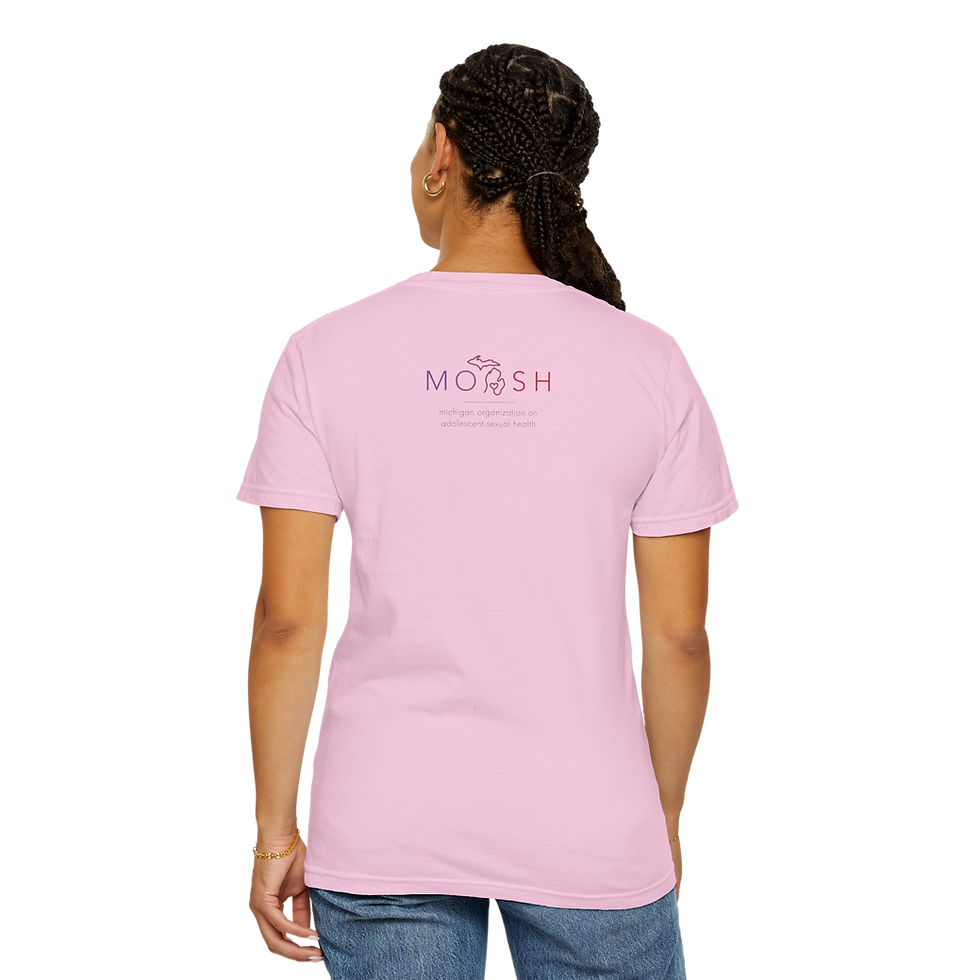 Thumbnail: A person wearing a pink T-shirt with the MOASH logo printed on the upper back.