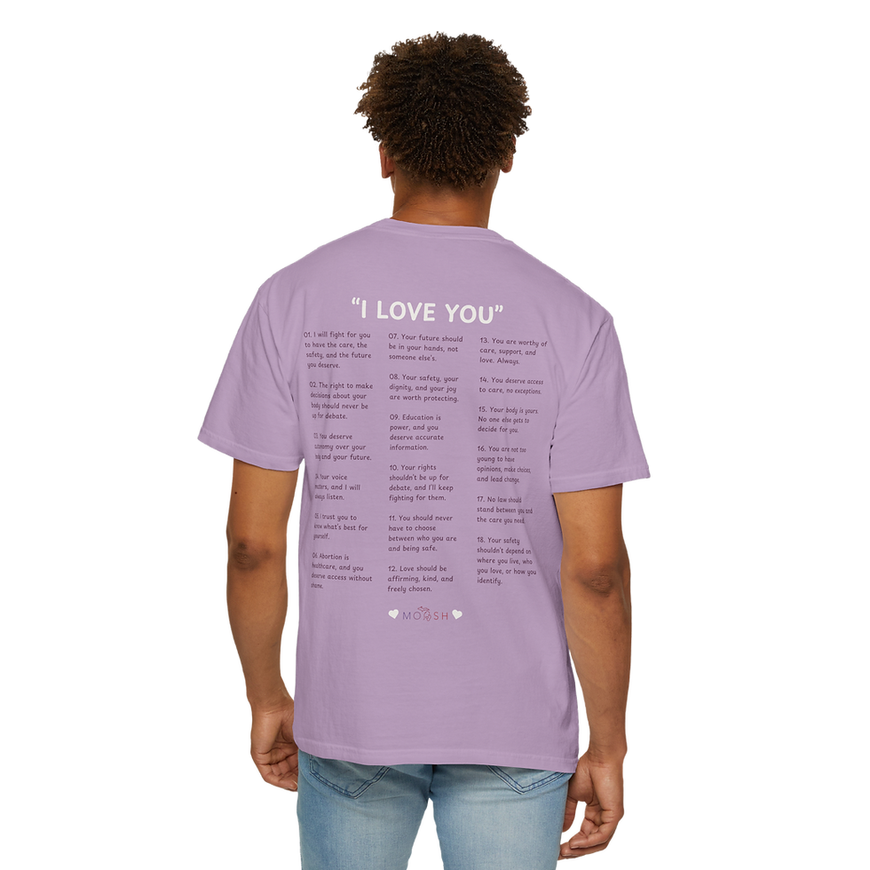 Thumbnail: Male model in lavender T-shirt, showing the back text design with “I LOVE YOU” in white and a list of statements in dark purp