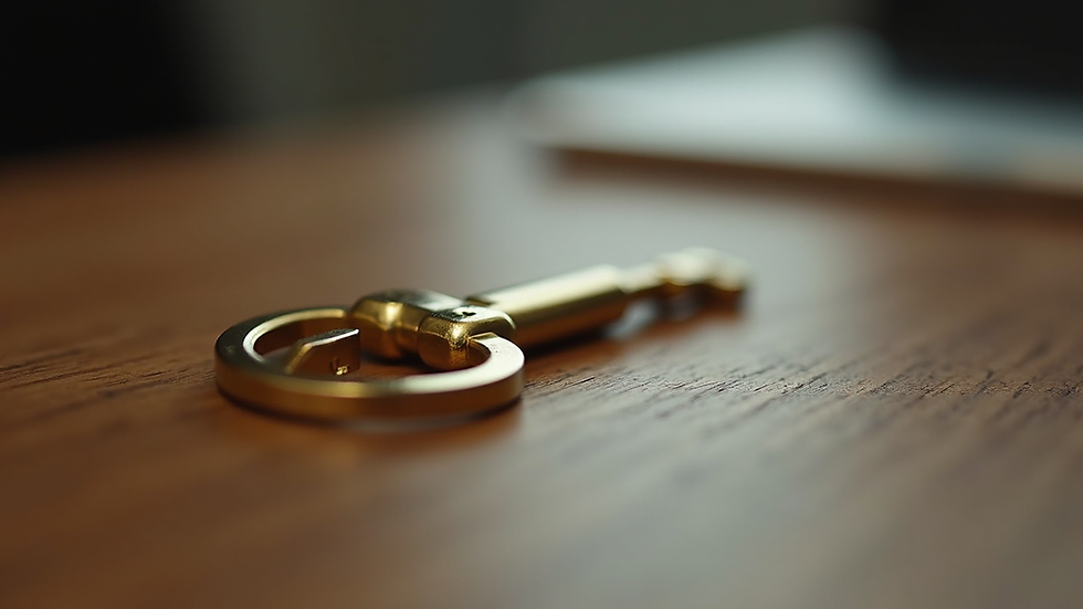 Close-up view of a golden key on a wooden table