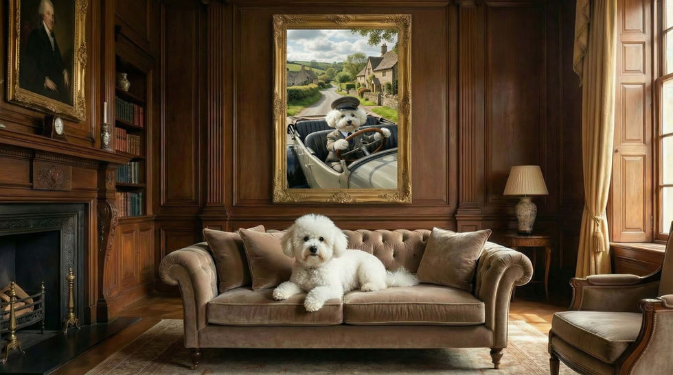 Whimsical personalised pet portrait in a storybook vintage car