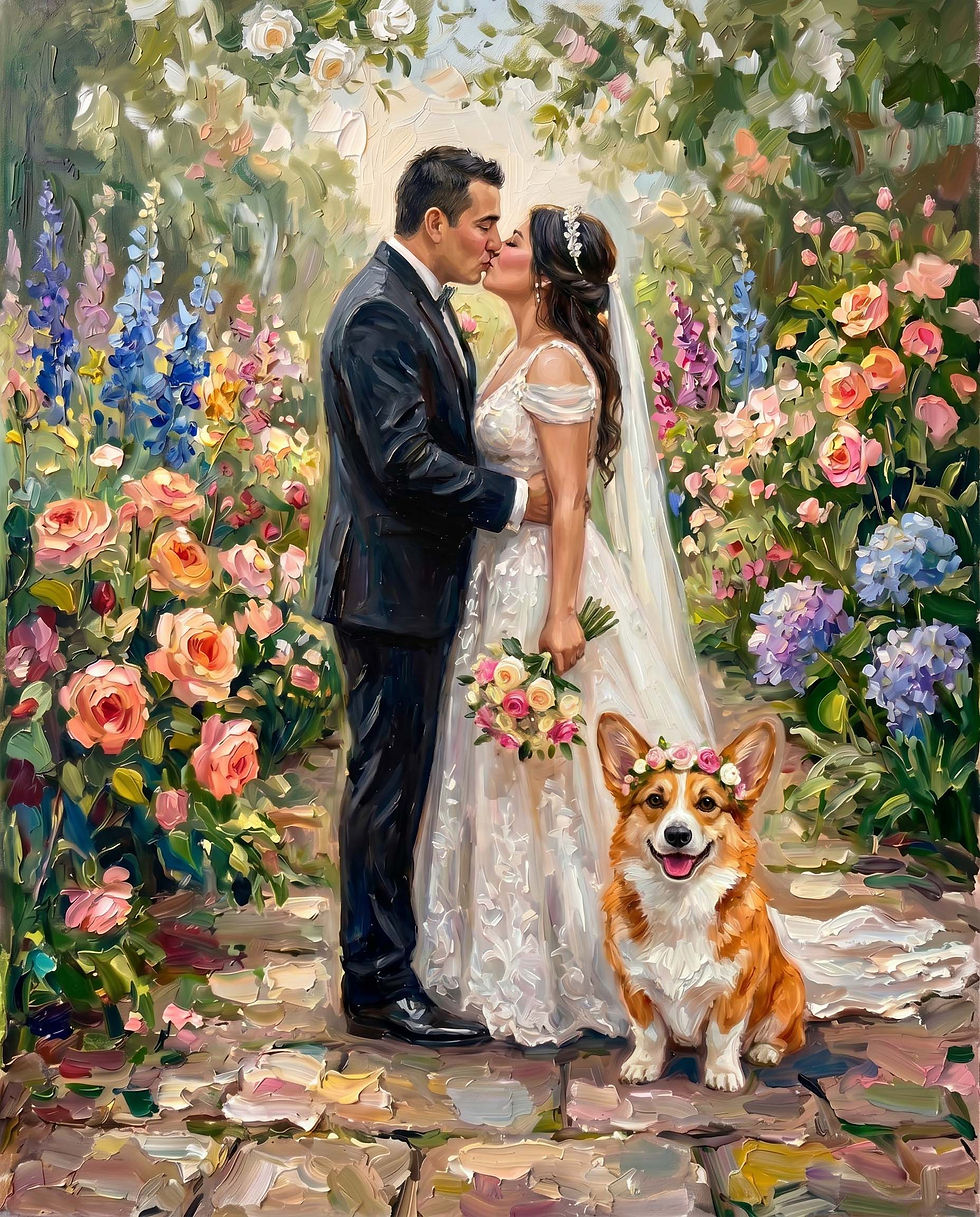 Thumbnail: Wedding oil painting with pet included