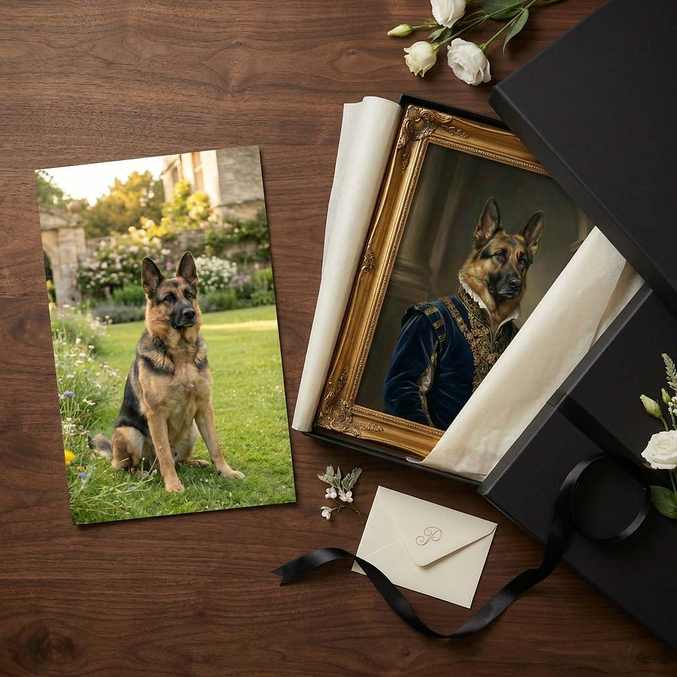 Thumbnail: Custom royal pet portrait of a dog or cat in renaissance style with velvet coat and gold detailing - personalised wall art