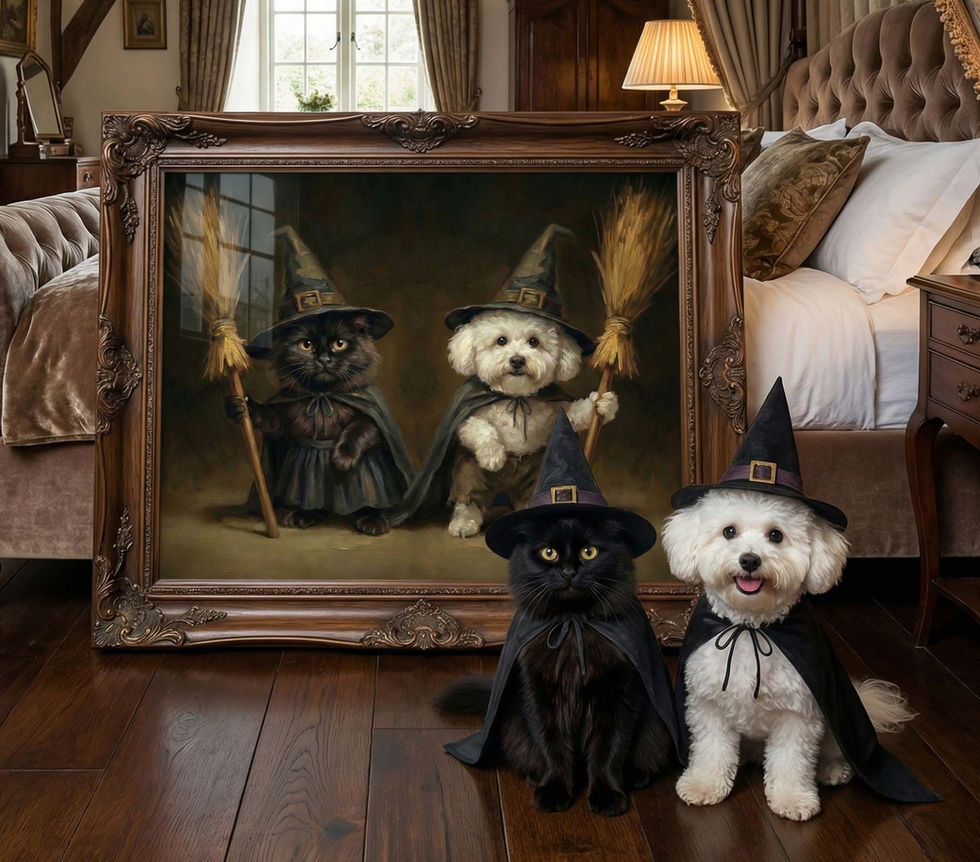 Custom cottagecore pet portrait duo of a cat and dog holding hands as witches with cloaks hats and broomsticks in oil paintin