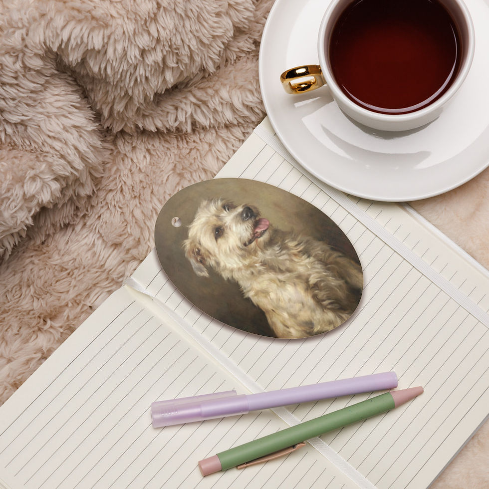 Thumbnail: Oval coaster with owl painting, tea cup, and pencils