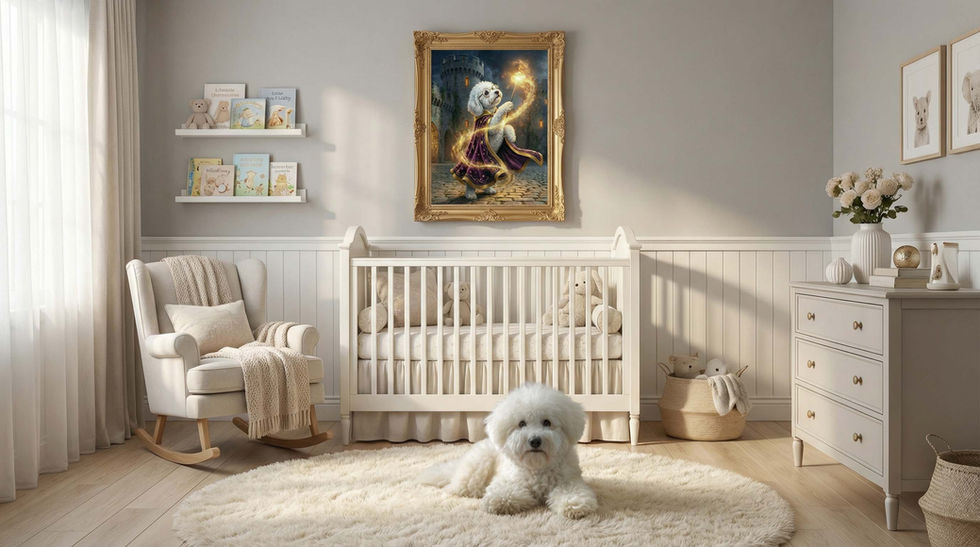 Custom pet portrait nursery wall art featuring a child’s own dog in a soft, neutral bedroom setting