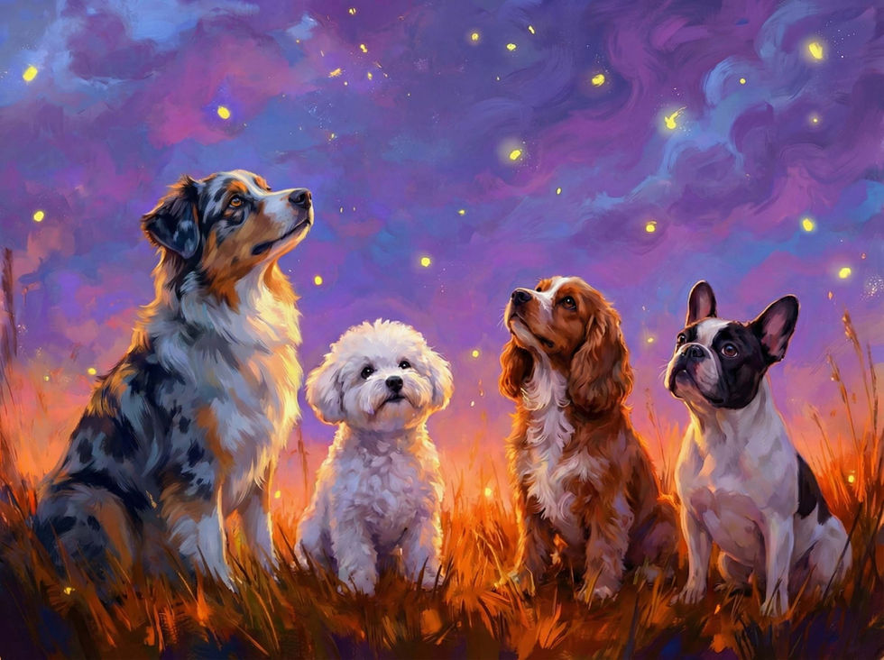 Personalised cat memorial portrait with name and dates, showing a cat looking at a purple star-filled sky in a peaceful tribu