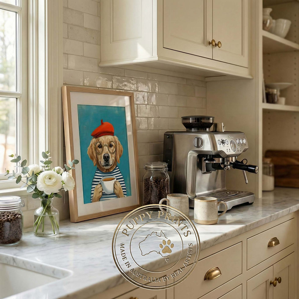 Funny dog portrait in French café style with beret, round glasses, and coffee cup, painted in textured vibrant oil brushstrok