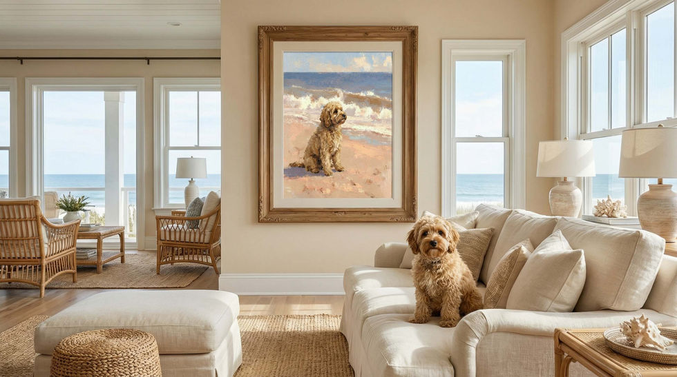 Personalised pet painting of your dog, cat, or pet on the beach, custom artwork created from your photo for unique home decor