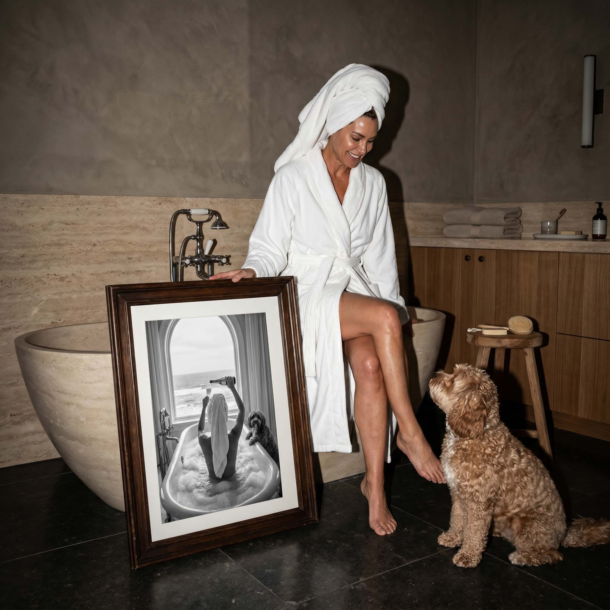 Custom coastal dog portrait for luxury interiors