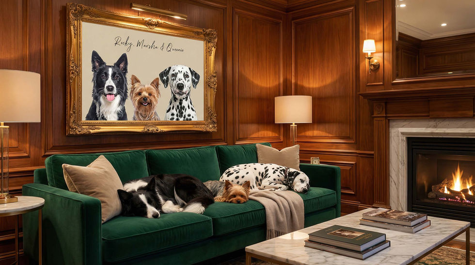 Multiple pet portrait of custom dogs and cats painted in a rich oil painting style - art by Puppy Prints