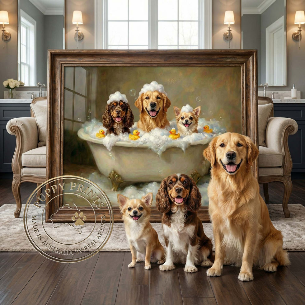 Custom pet portrait in bathtub of three dogs in a bubble bath with rubber ducks and suds painted in oil painting style by Pup