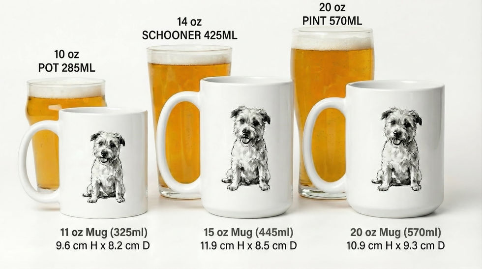 Custom pet portrait mugs in three sizes — 11oz, 15oz and 20oz — with beer size comparison Puppy Prints Australia