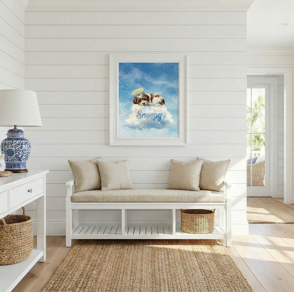 Angel pet watercolour print of a dog or cat sleeping peacefully on a cloud with a delicate halo.