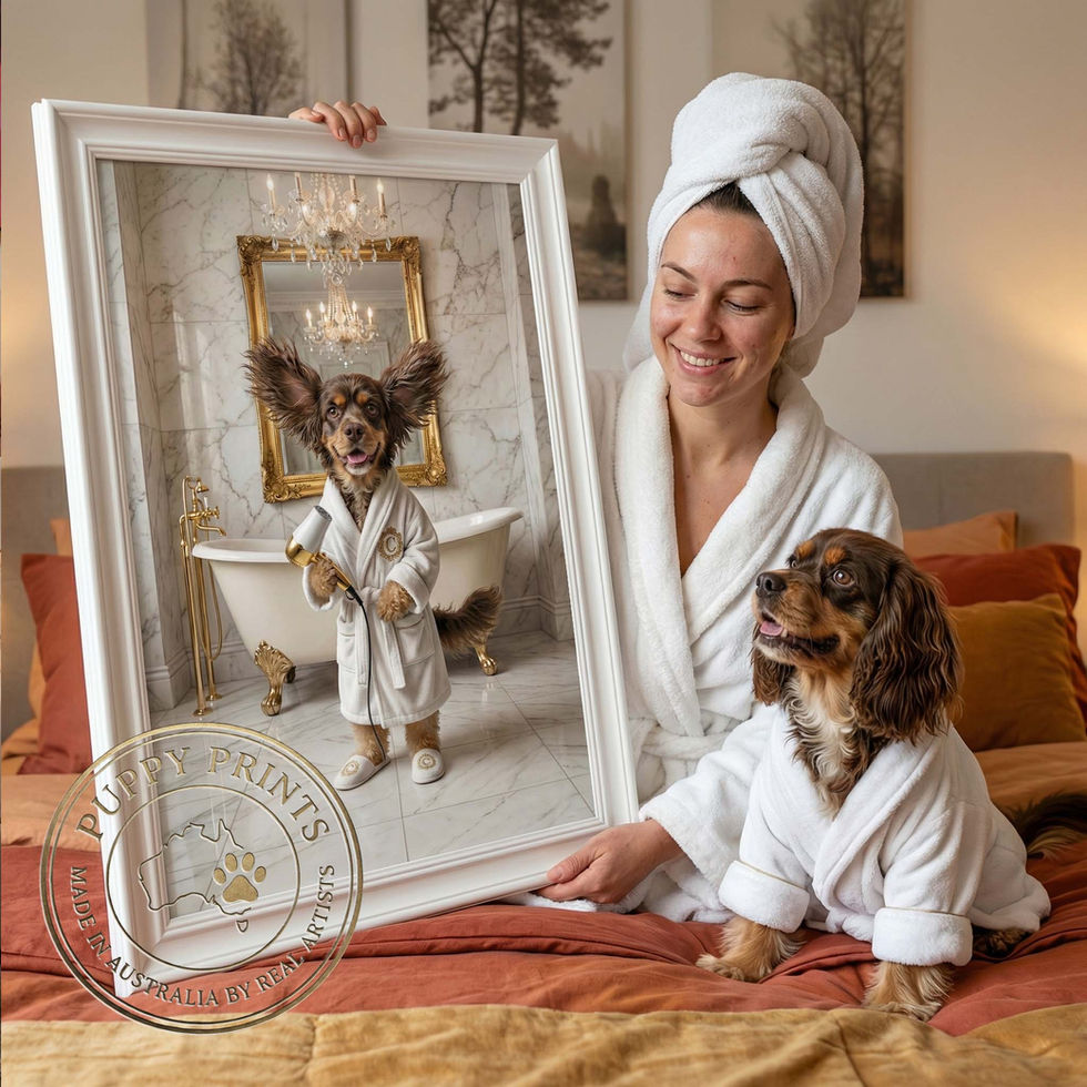 Bathrobe dog portrait in a vintage bathroom setting with playful luxury styling
