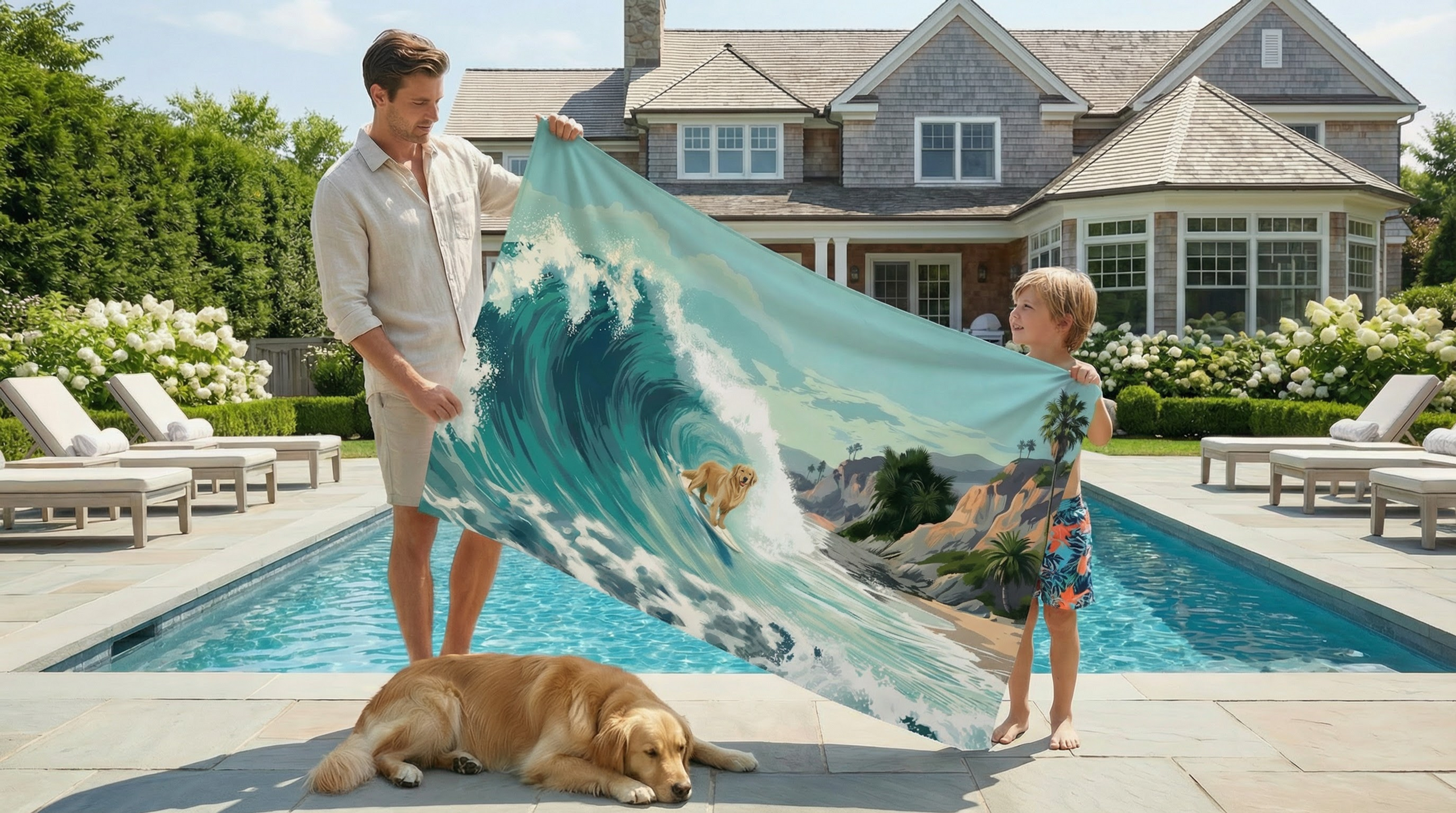 Custom pet portrait beach towel with dog illustration