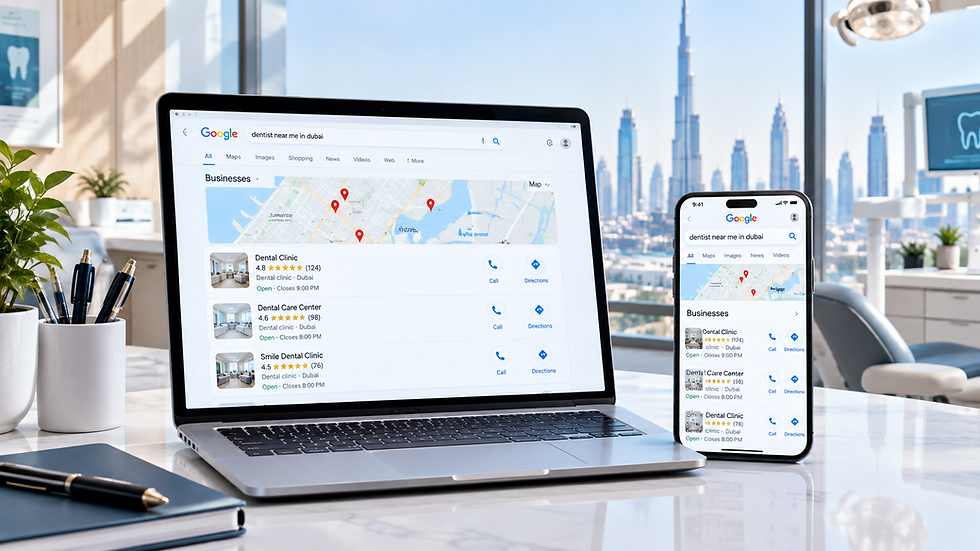 Local SEO search results and Google map pack showing clinics in Dubai