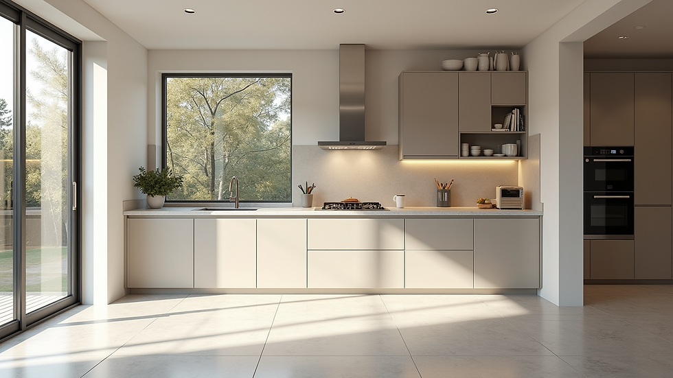 Wide angle view of a spacious modern kitchen with natural light