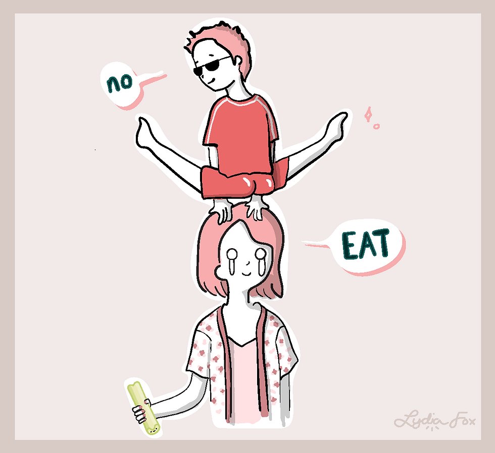 An exasperated mother who can't get her son to eat vegetables. 