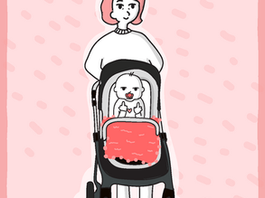 A mother pushes a stroller, guiding a baby with a pacifier, giving the finger.
