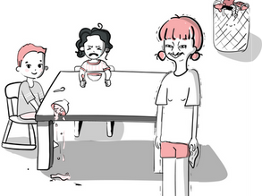 Kids crying at the breakfast table and mum is stressed