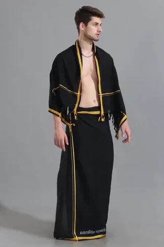 Ayyappa Swamy Ayyappa Dhoti Men's Ayyappa Swami Dhoti With Velcro, Gold Zari Border Side Ayyappa Swamy Ayyappa Dhoti Men's Ayyappa Swami Dhoti With Velcro, Gold Zari Border Side