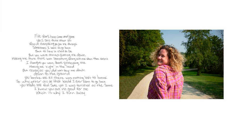 Woman with blond hair and a pink plaid shirt looking at the camera over her shoulder with a poem