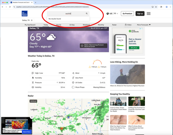 Search error message