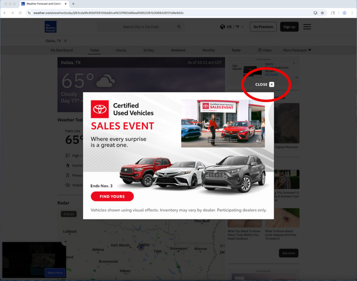 Pop-up ad close button