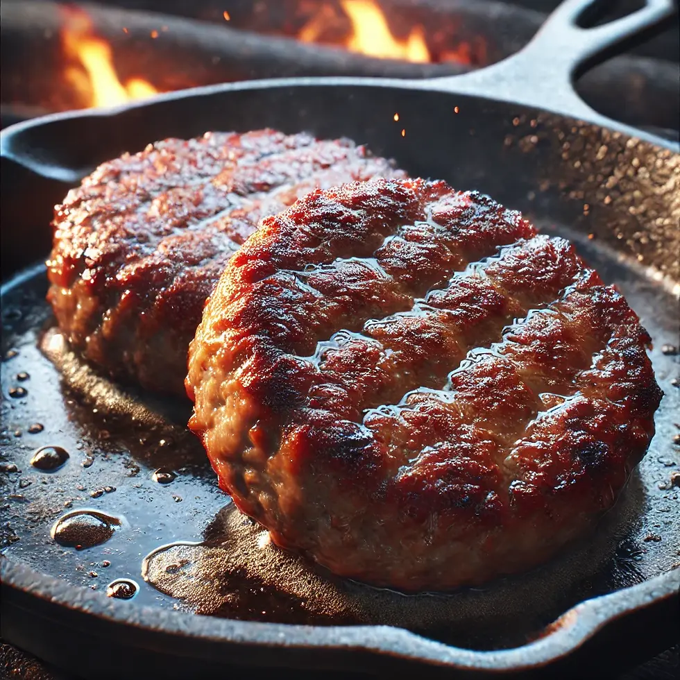 Thumbnail: AC Legg's Blend 109 Hot Pork Sausage  patties in a skillet over an open fire.