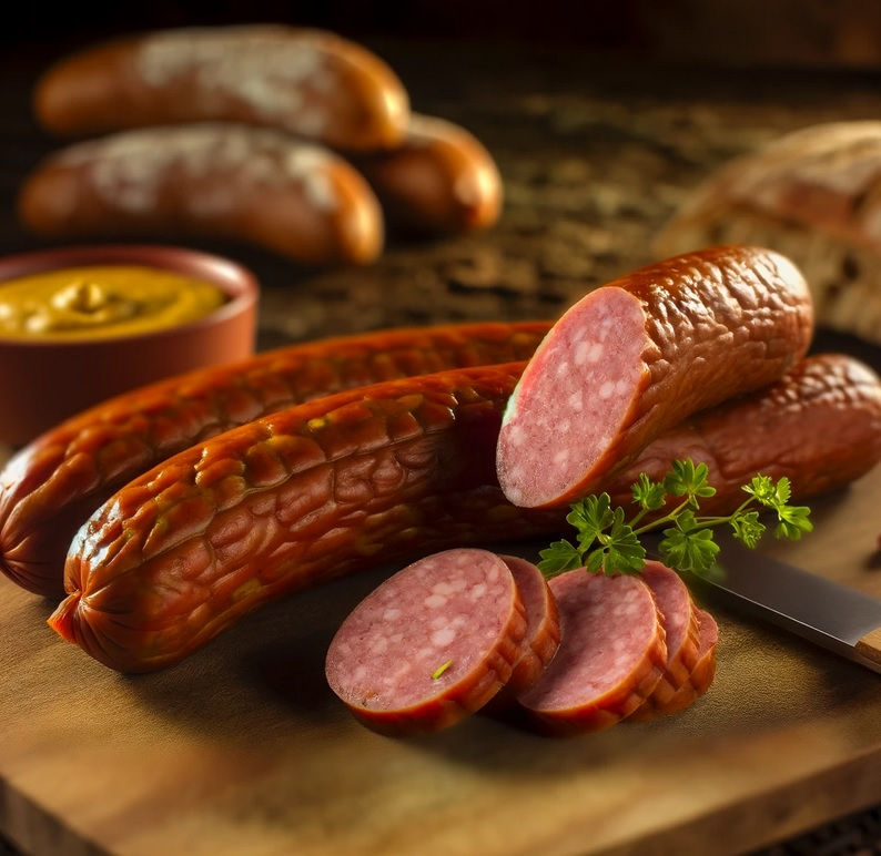 Thumbnail: AC Leggs close-up image of a French smoked Andouille sausage sliced on a wooden board.